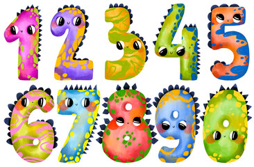 Naklejka premium Cute dinosaur numbers 0 to 9 watercolor set. Baby milestone cards and kids learning numbers collection for nursery decor posters and educational prints.
