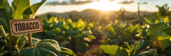 Close-up of a sign with the text tobacco against a field background