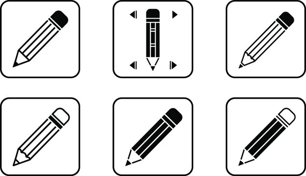 Set of pencil icons in square frames including writing drawing and editing tools for graphic design apps creative sketching and office stationery
