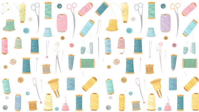 Seamless pattern of hand drawn sewing tools with colorful thread spools needles and scissors for textile design and DIY crafts