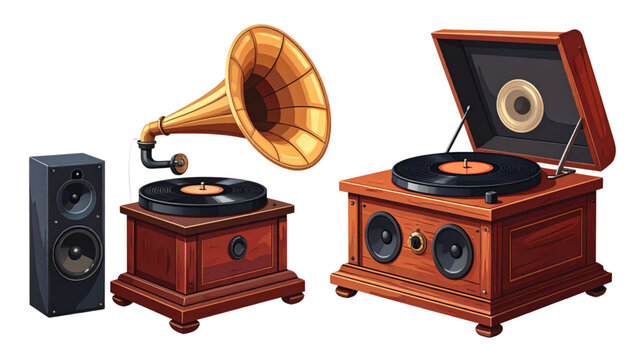 Vintage gramophone vector illustration with a vinyl record on a wooden base for retro music and nostalgia concept isolated on white background.