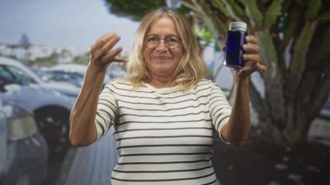 Senior woman holding pill bottle with open hand gesture in a street parking lot by cars and trees; calm wellness.