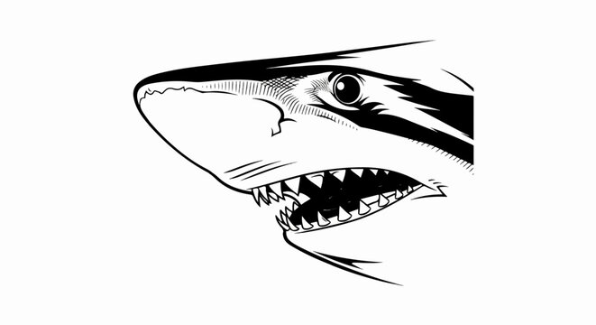 Detailed black and white illustration of a shark's head with bared teeth