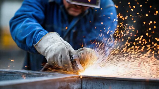 Intense metal grinding sparks emanate from skilled worker in protective gear