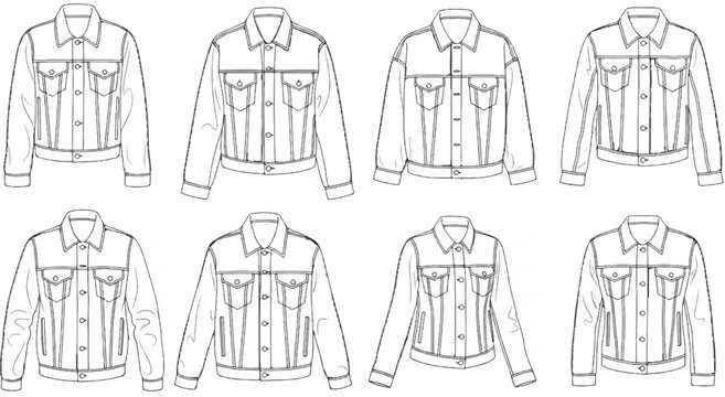 Detailed fashion illustrations of denim jackets in various views