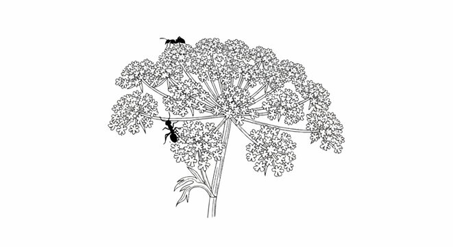 Delicate black and white illustration of an umbellifer flower with two ants