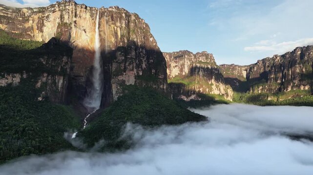 Aerial drone view of Angel Falls cascading from the Auyan tepui mountain in Canaima National Park, Venezuela, the tallest waterfall in the world