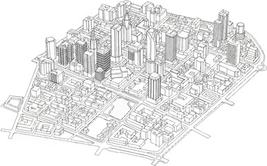 Fototapeta premium Detailed line drawing of a dense urban cityscape with varying building heights
