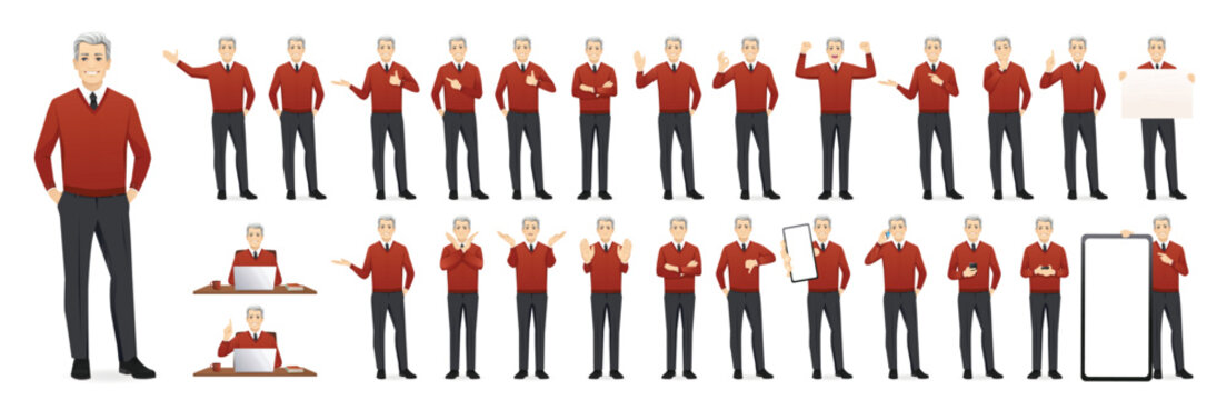 Large set of mature business man. Different poses and various gestures male character standing and sitting at the desk isolated vector illustration