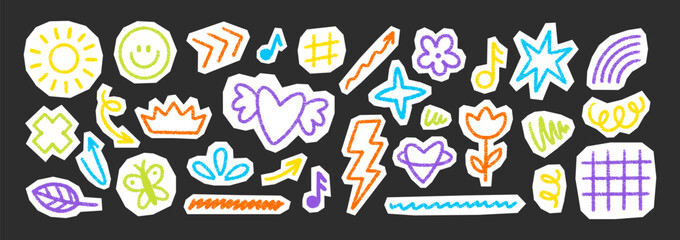 Fototapeta premium Cute crayon doodles featuring crown, arrows, and rainbow elements for collages and scrapbooks designs. Vector illustration.