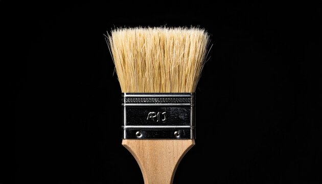 Close-up of a new paintbrush with natural bristles and a wooden handle against a black background.