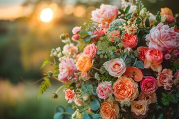 Obraz premium Elegant pink and peach rose floral arrangements with soft sunlight and natural greenery for romantic decorative scenes Generative AI
