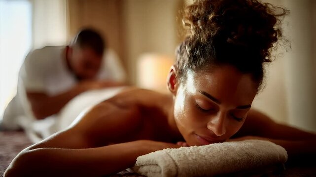 Therapy stress release treatment, health lifestyle. In this image we can see a woman lying on a cloth. In the background, we can also see another person and a wall.