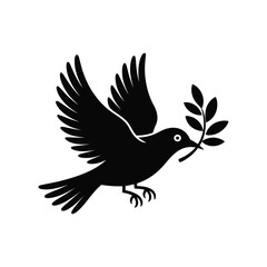 Obraz premium A black silhouette of a dove holding an olive branch in flight