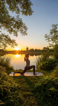 Yoga practice by the lake at sunset.