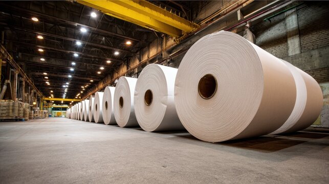 Stunning photo of large rolls of white paper stacked in an industrial factory warehouse.