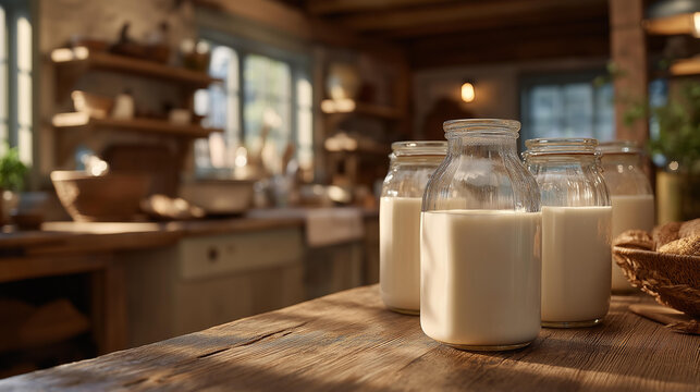 Artisan milk pasteurization capturing the essence of handcrafted dairy products with old-fashioned methods and pure ingredients. Rustic kitchen with wooden counters, glass jars, and a cozy ambiance