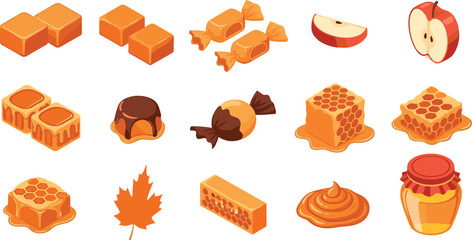 honey and beeswax products collection, sweet organic honeycomb candies apples syrup jar natural food ingredients vector illustration set © KHADIJA