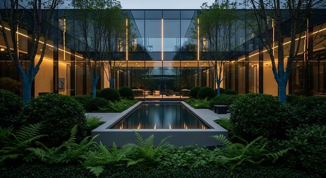Modern architectural courtyard with reflecting pool and glass walls featuring vertical golden lights and lush green plants in a luxury garden
