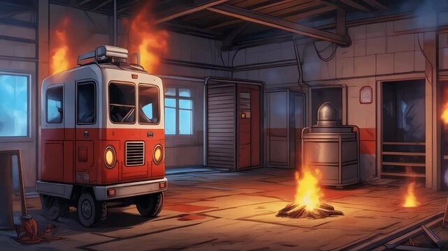 A vintage vehicle is engulfed in flames inside a dimly lit garage.