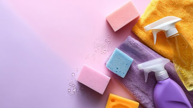 Cleaning supplies with sponges and spray bottles on pink background