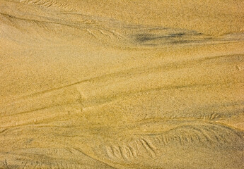 Fototapeta premium The sandy beach shows lines and patterns formed by water and wind. The sun shines down, and the waves softly touch the shore. Footprints are visible in the sand