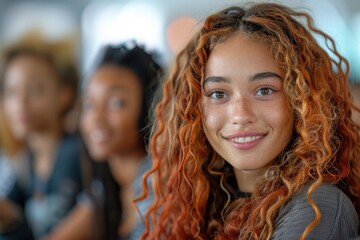Obraz premium Smiling young woman with curly red hair looking at camera in social indoor setting Generative AI