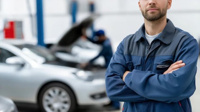 Confident mechanic in auto repair shop with busy workshop activity in background