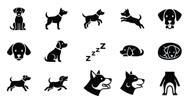 Black dog icon collection featuring different silhouettes of puppies and adult dogs in flat design