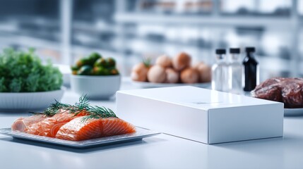 Fresh salmon and ingredients on kitchen counter creating healthy cooking and culinary preparation concept scene
