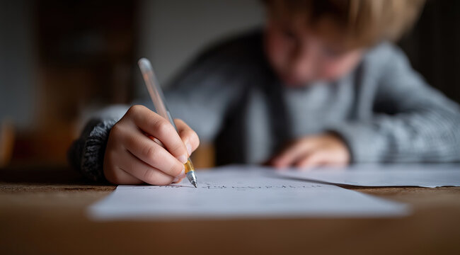 Close-up sharp focus on a child&rsquo;s hand holding pen over white paper while working intently at wooden desk.