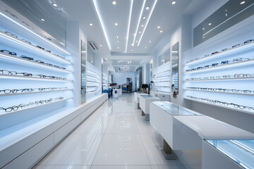Obraz premium Modern optical shop interior, stylish eyewear shop with rows of glasses displayed on bright shelves.