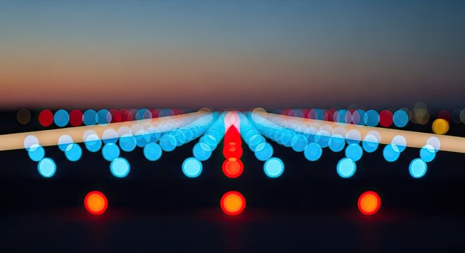 Abstract Blurred Airport Runway Lights at Dusk.