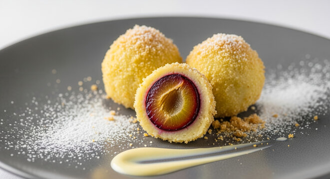 Austrian plum dumplings on ceramic plate, traditional dessert and fine dining in modern cuisine