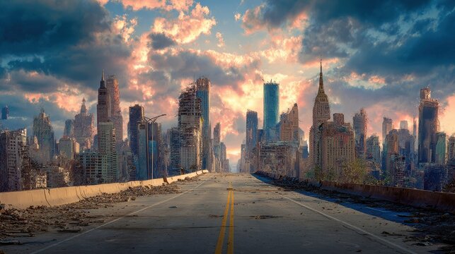 Stunning photo of postapocalyptic new york city skyline cinematic fictional scene with highway leading to armageddon scifi concept illustration.
