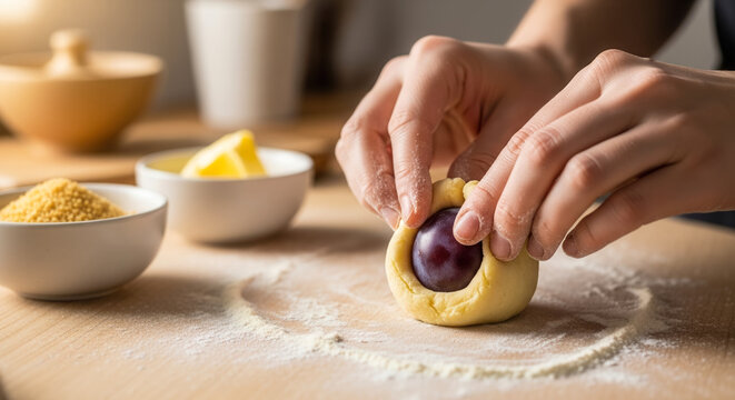 Hands shaping Austrian plum dumplings on floured wooden surface, traditional cooking and artisanal baking