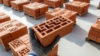 Obraz premium Builder holding red clay brick in construction site, masonry work and building materials in industrial setting