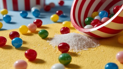 Colorful candies scattered with sugar on bright background creating playful confectionery food concept scene