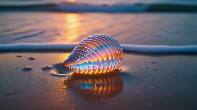A shell lies on the sandy beach at sunset with gentle waves.