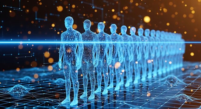 Digital human silhouettes in a row standing on a glowing blue grid with a horizontal light beam representing big data and artificial intelligence