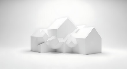 Fototapeta premium Abstract white geometric house-like structures with spherical elements on a clean minimalist background.