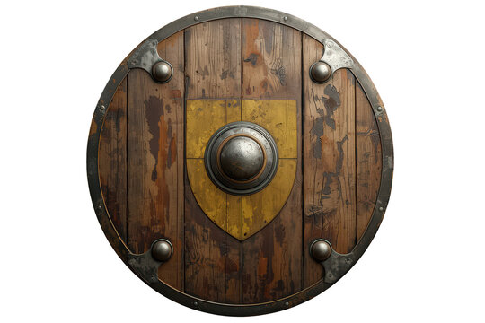 Wooden viking shield showing ancient warrior protection and defense, depicting a historical medieval battle armor