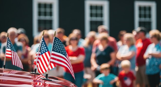 Memorial day celebration with american flags and mourning crowd