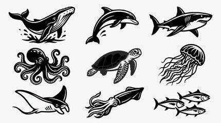 Obraz premium Ocean Creatures Vector Set Marine Life Animals Silhouette Illustration Pack