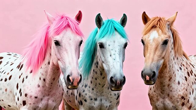 Three horses with colorful manes