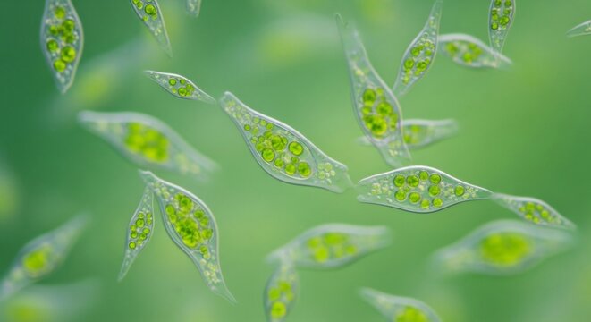 Microscopic View of Green Euglena Algae Cells Swimming in Water.