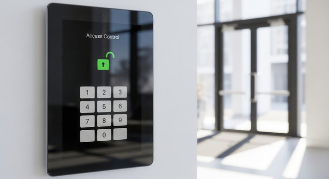 Office tablet with access control app on wall, modern security and corporate technology in lobby