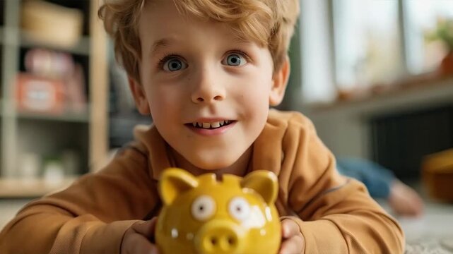 A small, fair-haired boy with wide-open blue eyes is holding a yellow ceramic piggy bank, providing a heart-warming backdrop for articles on children saving money or financial literacy.
