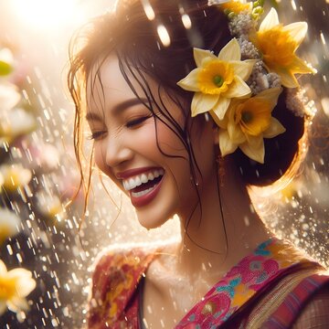 Beautiful Burmese woman laughing in the rain-like water splashes of Thingyan Festival, wearing yellow Padauk flowers in hair, traditional costume, vibrant celebration of Myanmar New Year