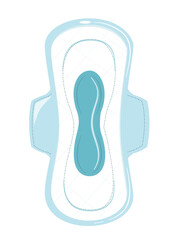 Illustration of a sanitary pad with wings and a blue absorbent core, designed for feminine hygiene and menstrual protection. © Mila